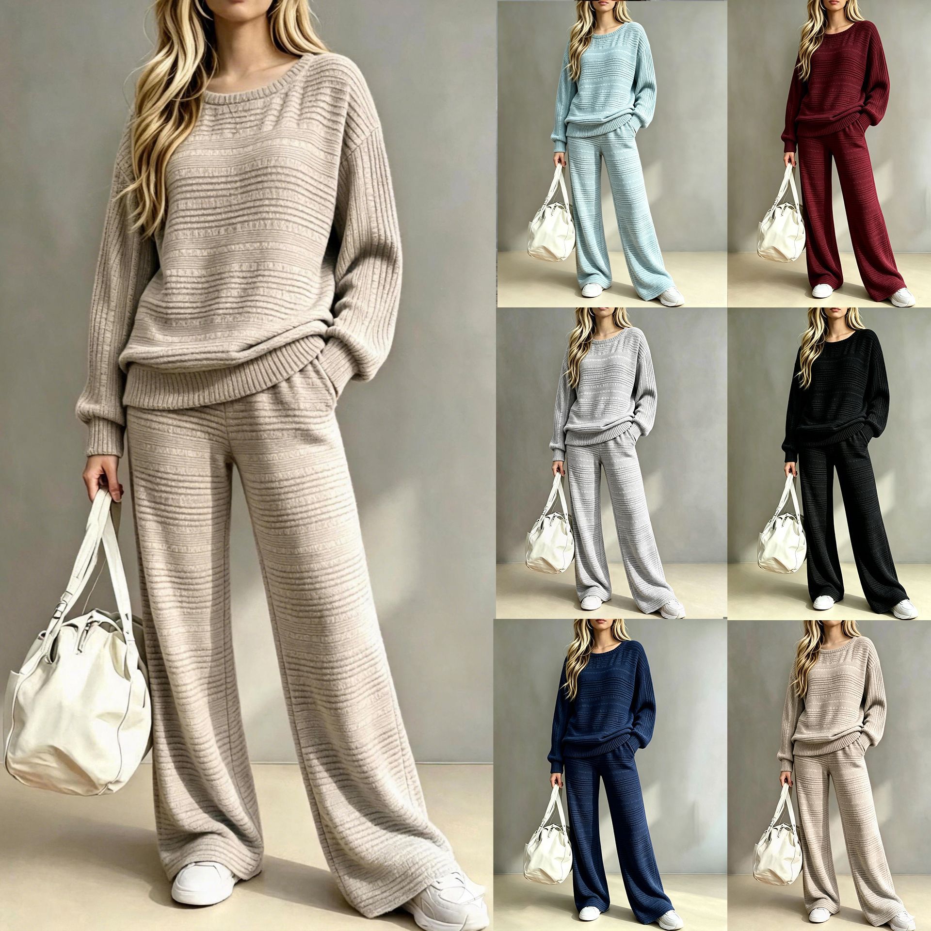 Ribbed Knit Two-Piece Set Long Sleeve Top & Wide-Leg Pants
