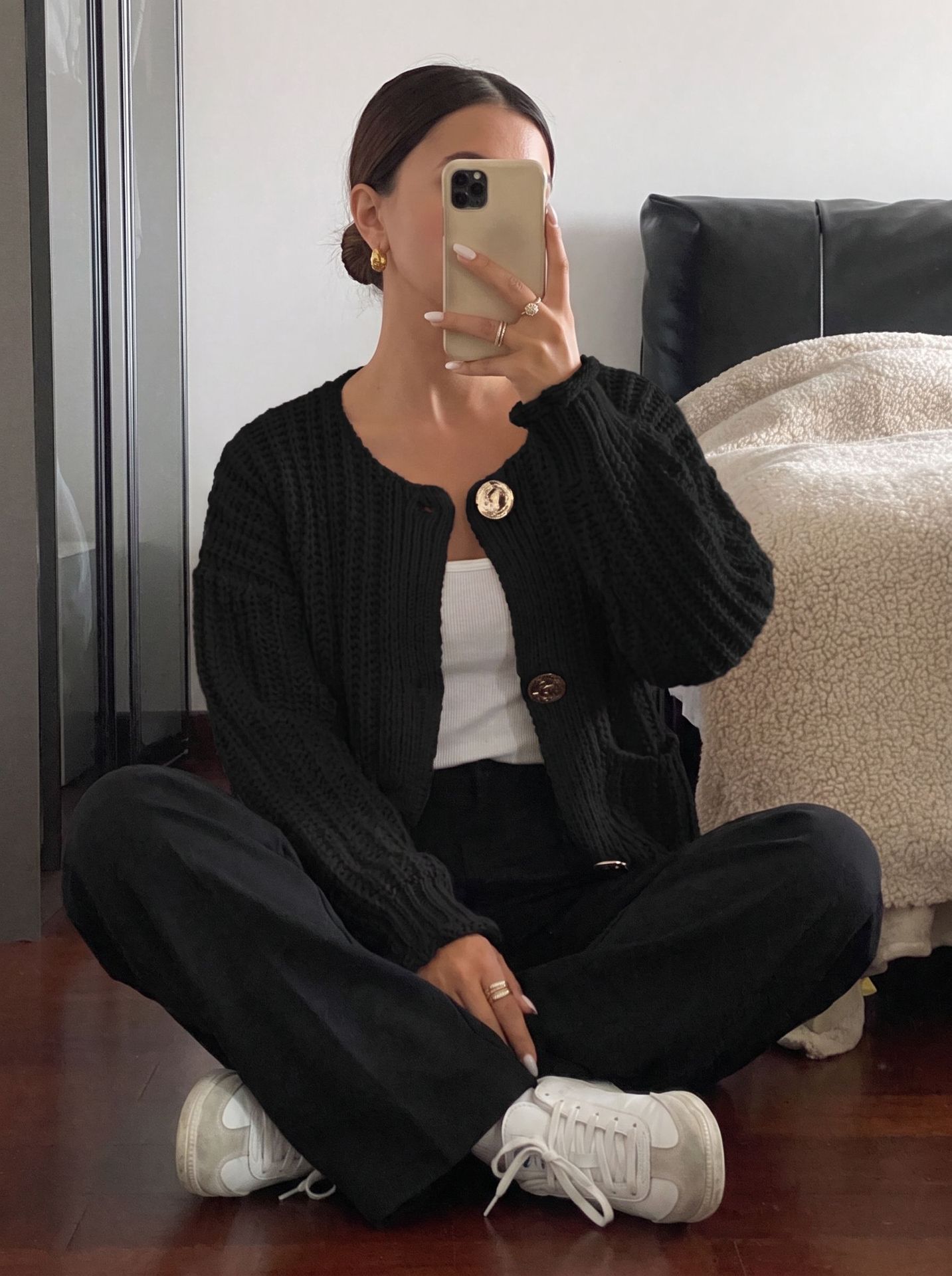 Women's Metal Button Round Neck Knit Cardigan Sweater Coat