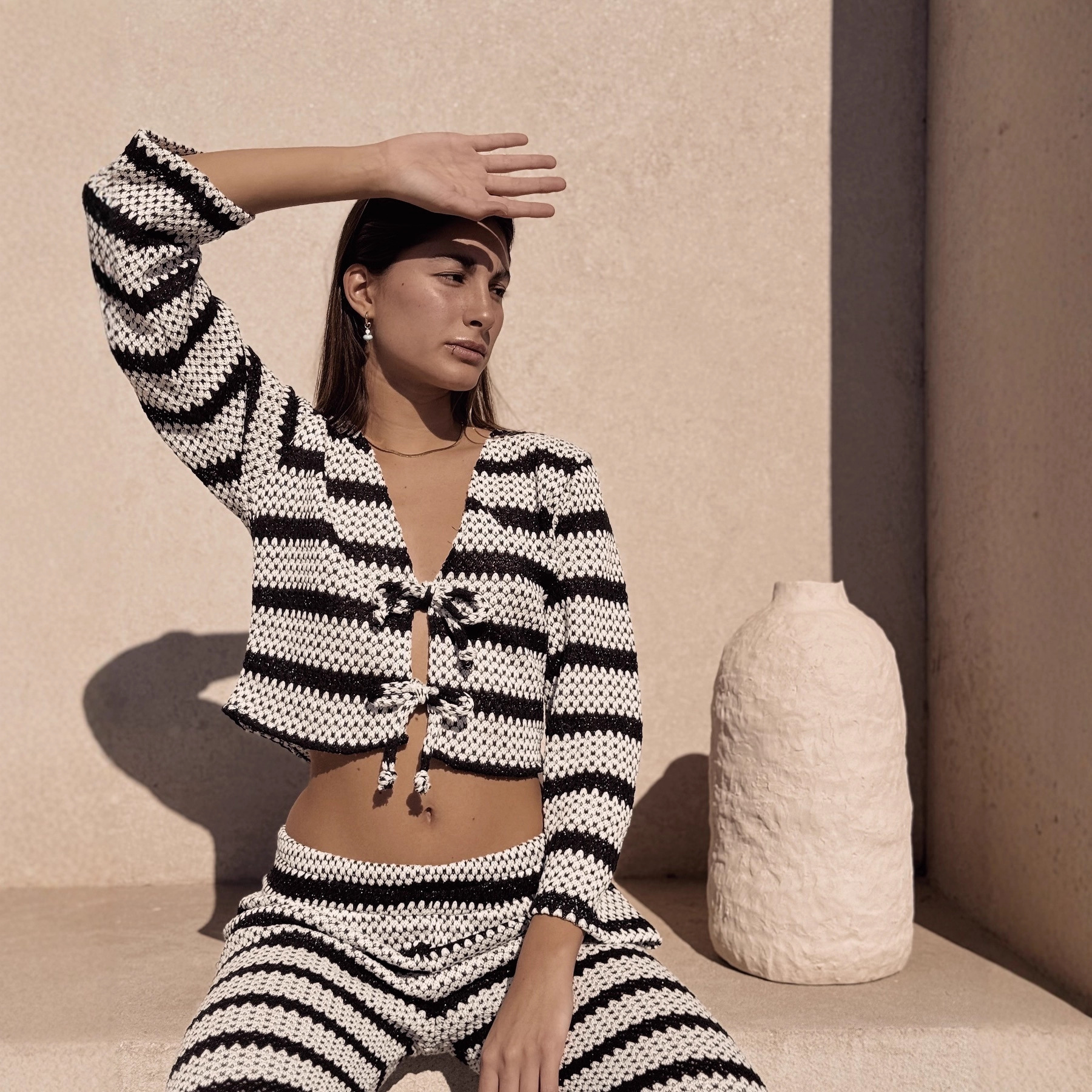 Women's Striped Color-Block Knit Long-Sleeve Tie Cardigan Set