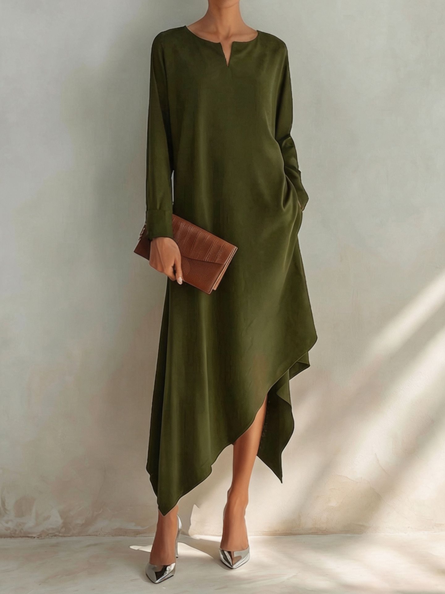 Solid V-Neck Asymmetrical Hem Cotton-Blend Midi Dress