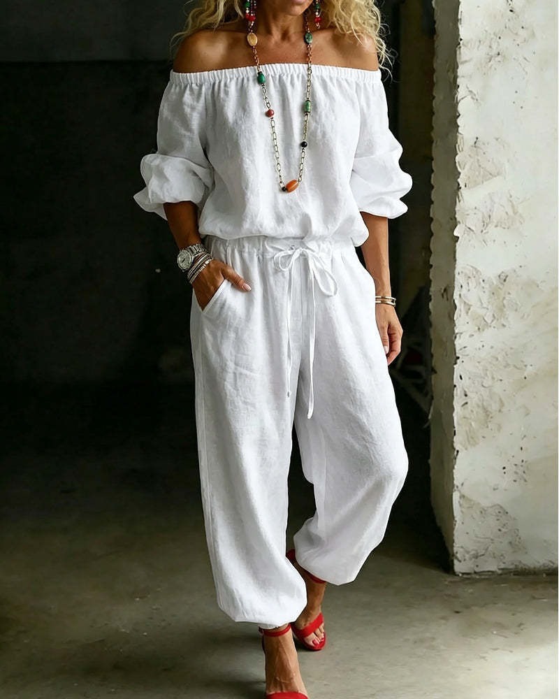 Women's 3/4 Sleeve Off-Shoulder Loose Two-Piece Set with Jogger Pants Solid Color