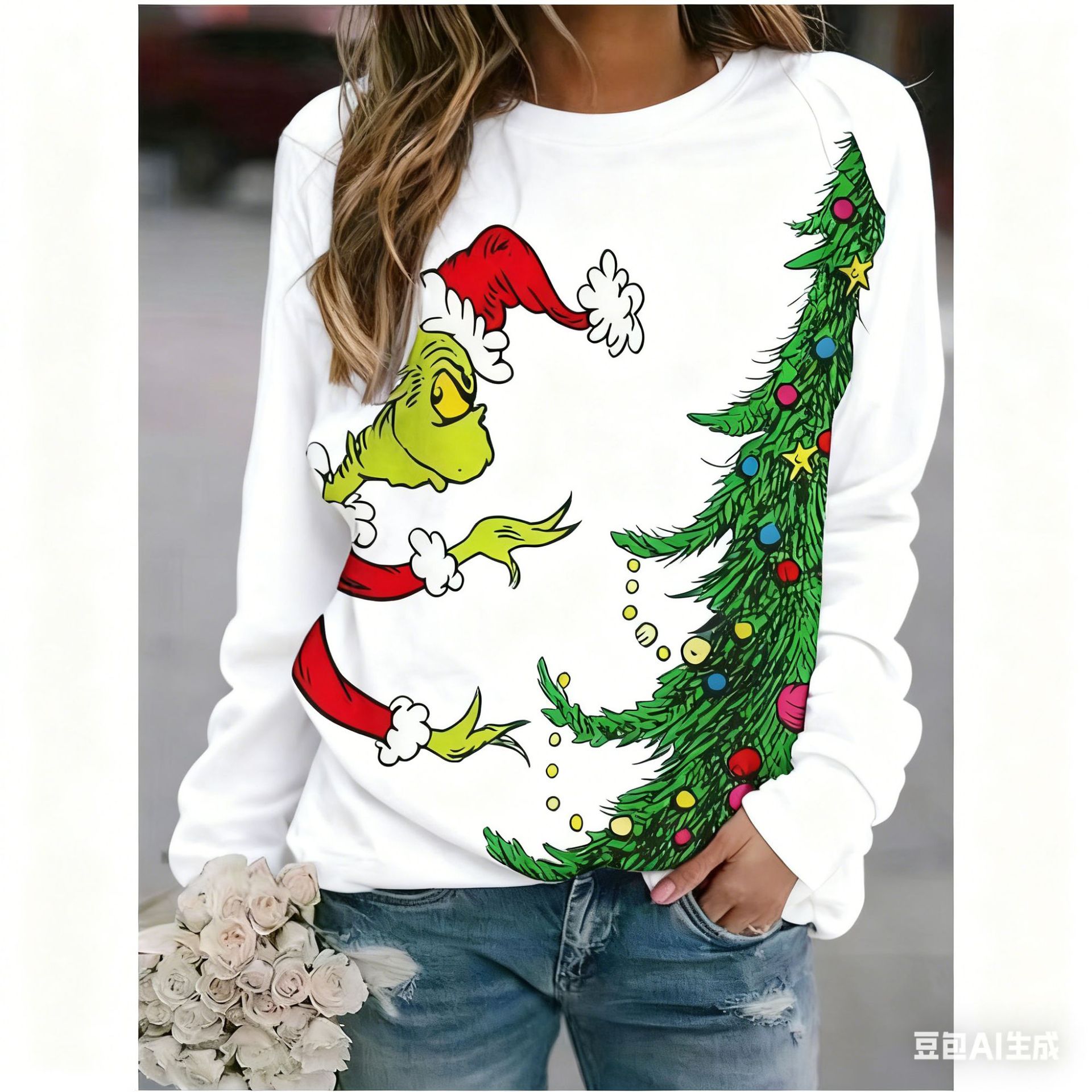Women's Christmas Tree Grinch Reindeer Print Crewneck Sweatshirt