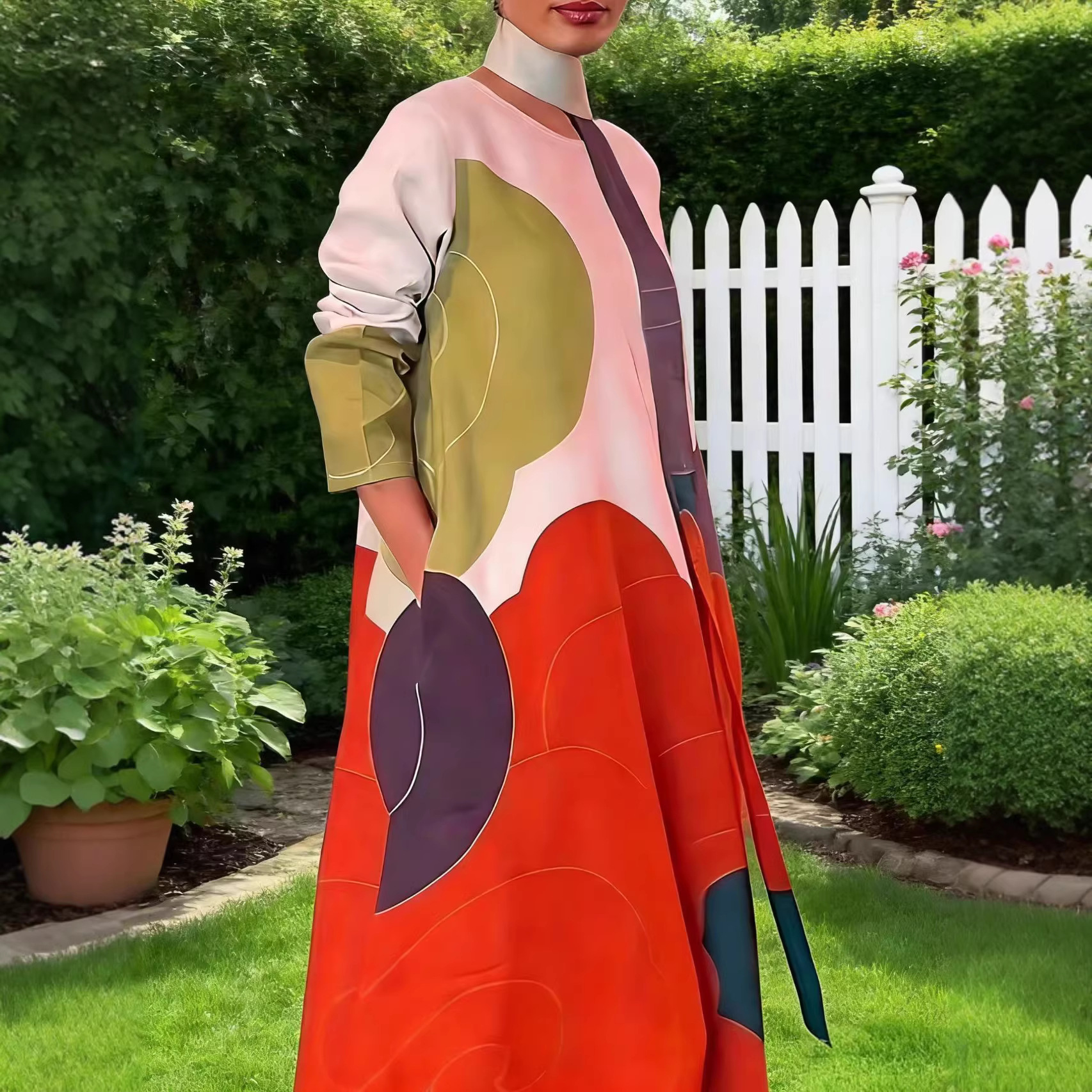 Color-Block Geometric Print Long Dress