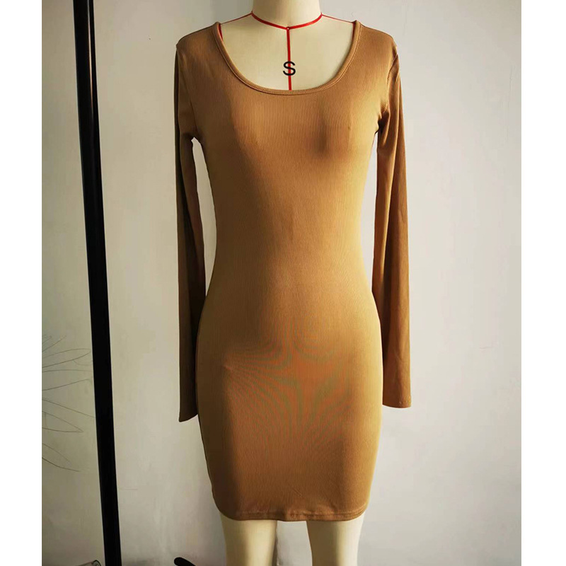Ribbed U-Neck Long-Sleeve Bodycon Mini Dress