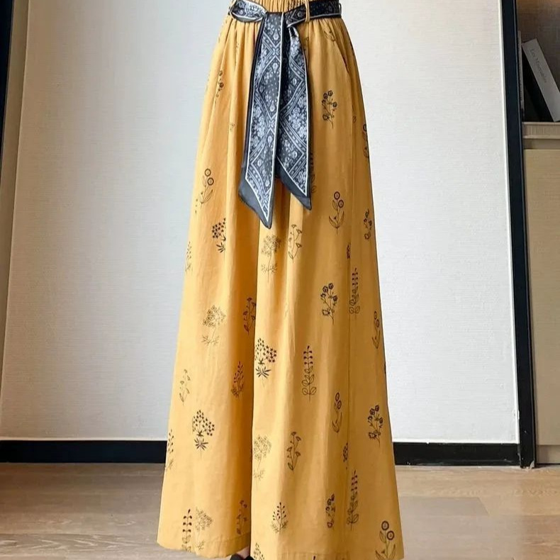 Printed Cotton-Linen Wide-Leg Pants for Women, High-Waist Tie, Loose Cropped