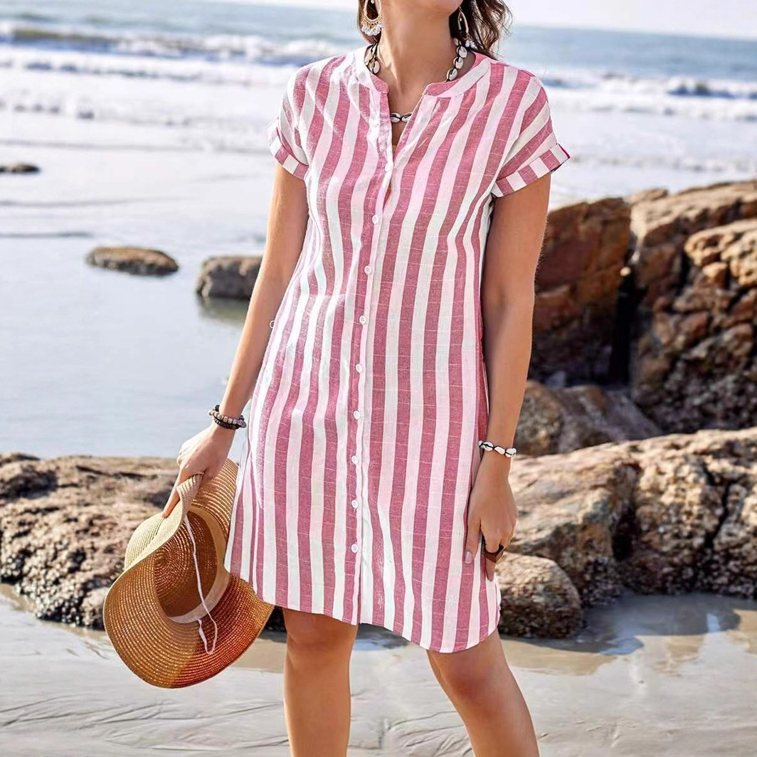 Women's Striped V-Neck Short Sleeve Loose Casual Shirt Dress