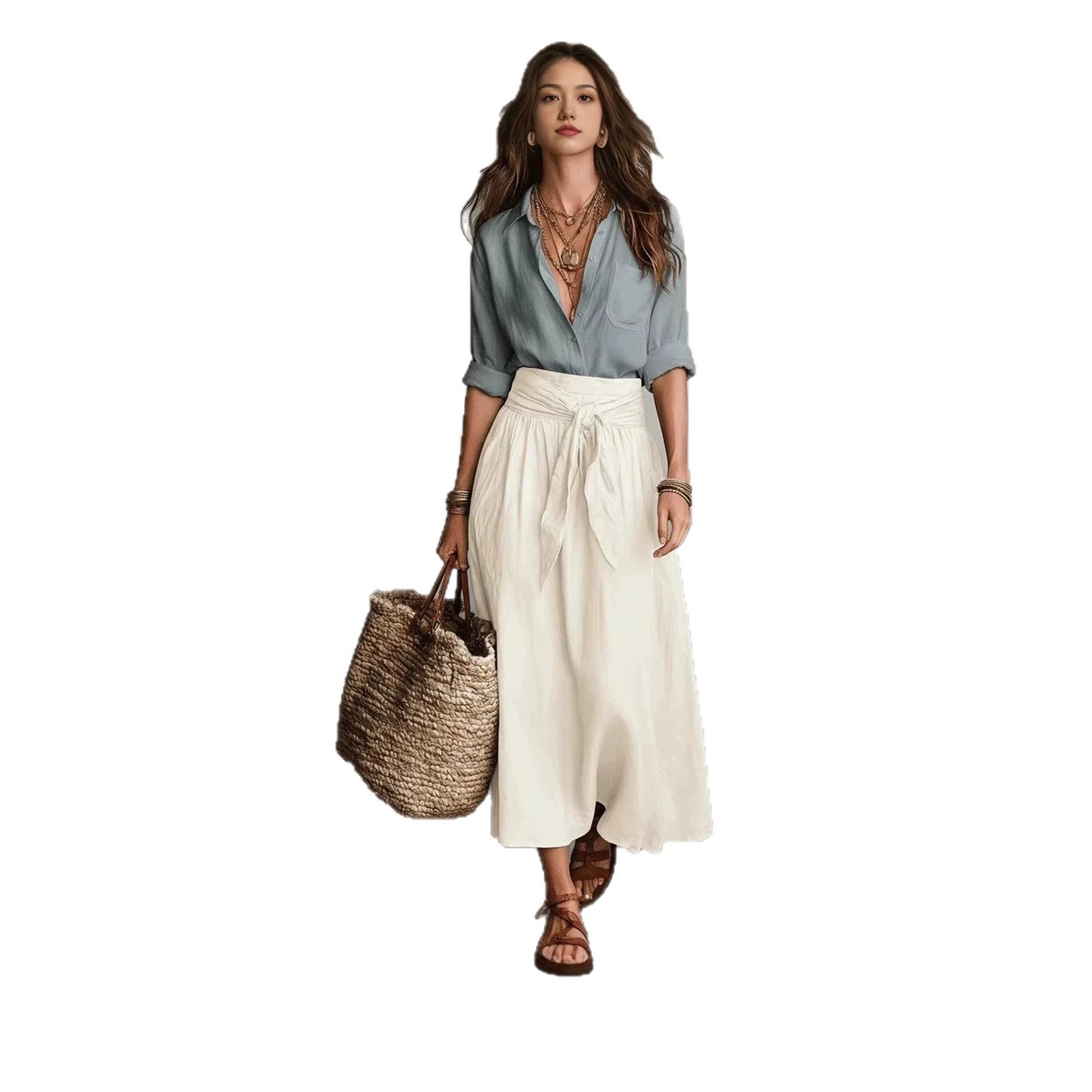 Color-Block Shirt and Midi Skirt Two-Piece Set