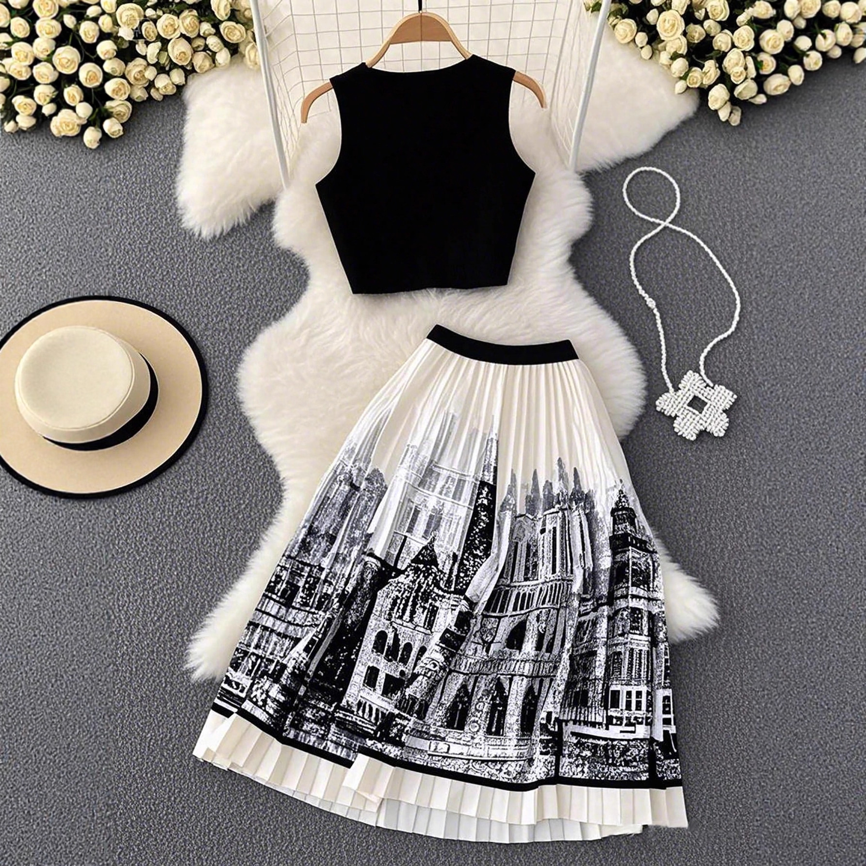Ink Print Sleeveless Long Dress and Pleated Skirt Two-Piece Set