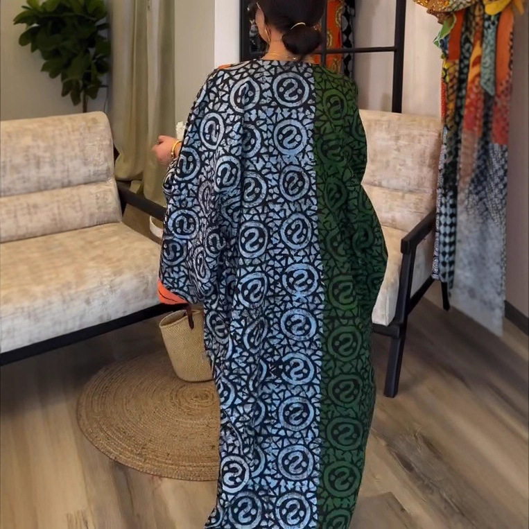 Long Sleeve V-Neck Digital Print Patchwork Maxi Dress