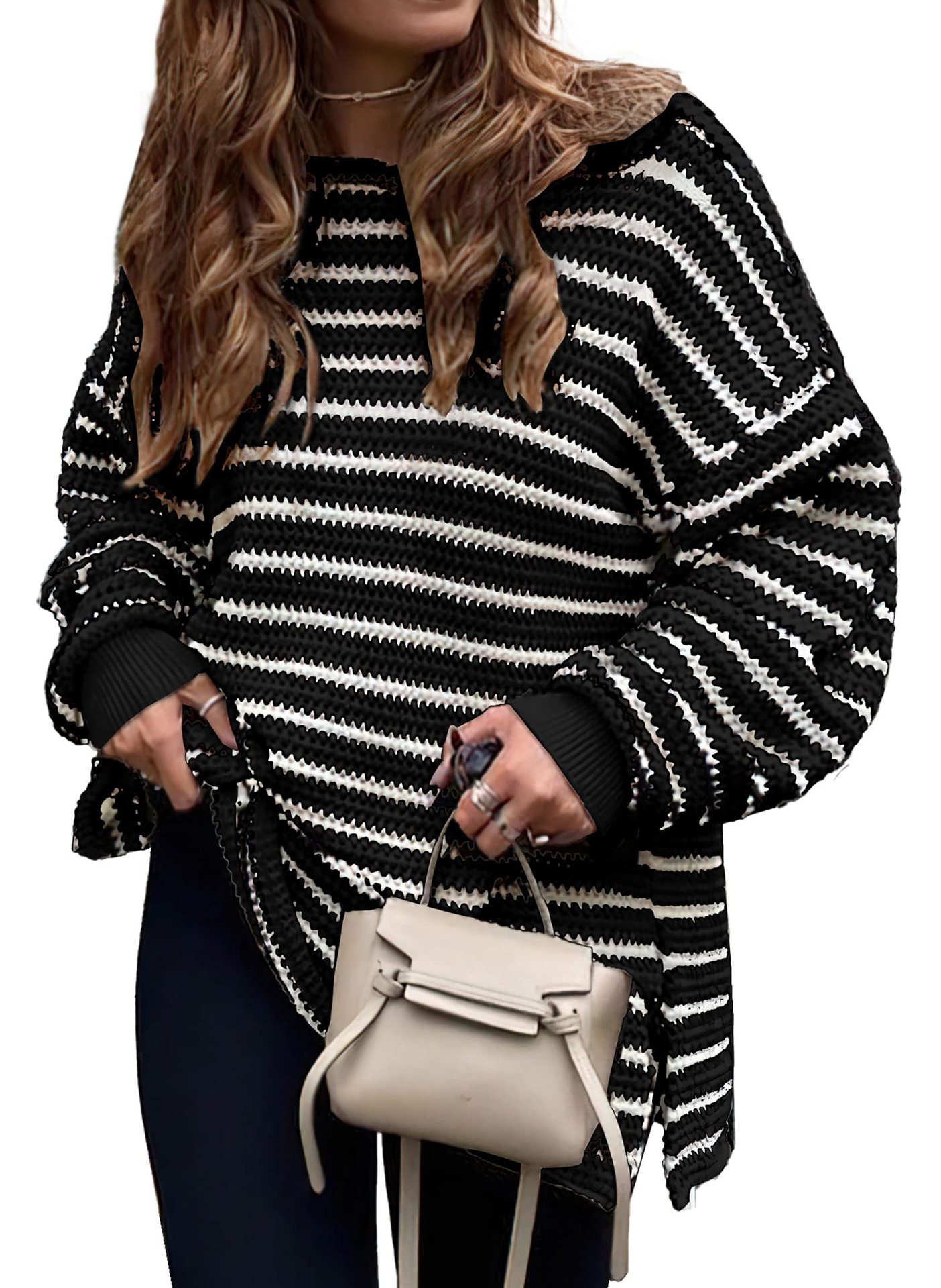 Striped Slit Loose Knit Sweater