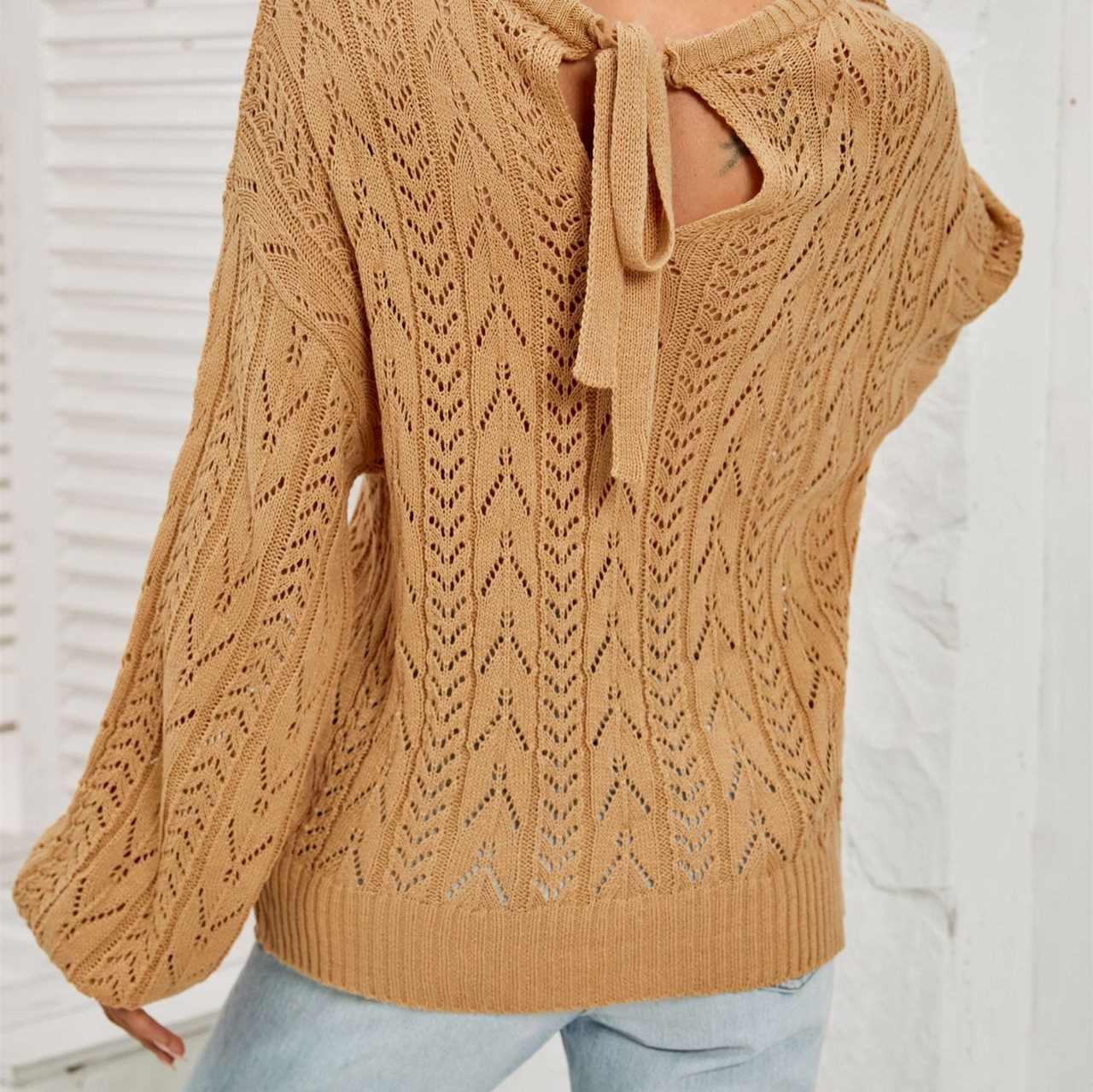 Open-Knit Crewneck Pullover Sweater