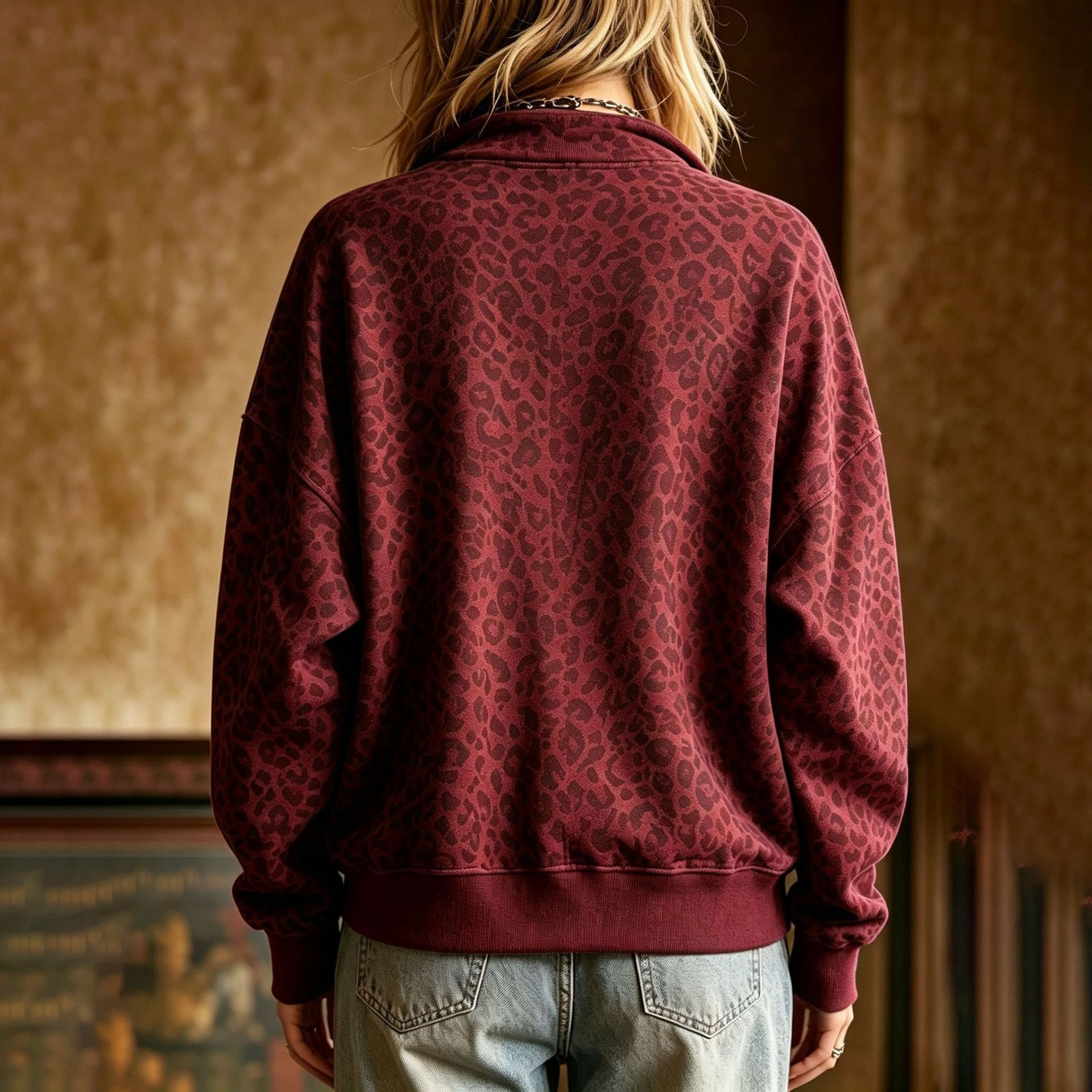 Women's Comfortable Long Sleeve Half-Zip Leopard Print Sweatshirt