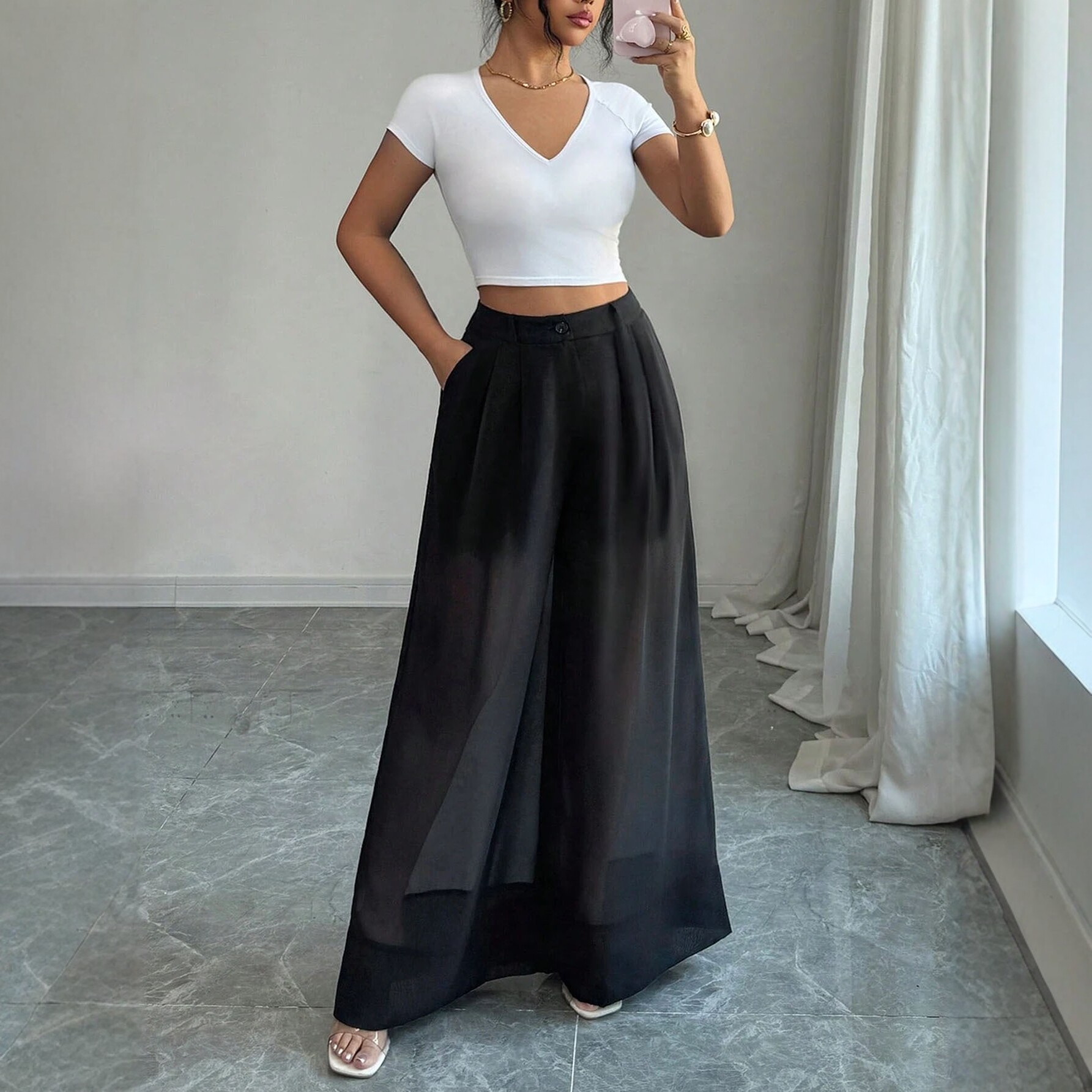 Women's High-Waist Wide-Leg Straight Pants Loose Drape Floor-Length