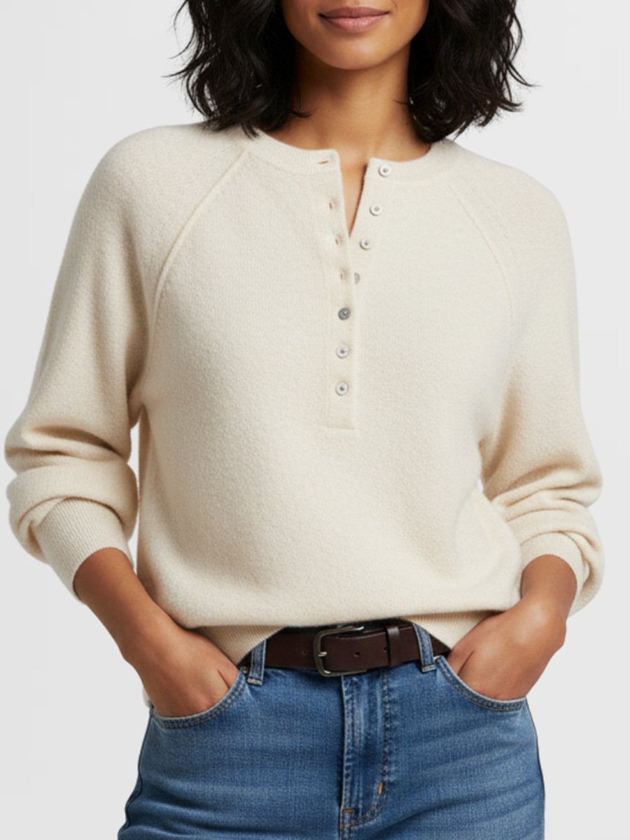 Women's Casual Crewneck Button-Front Knit Henley Sweater
