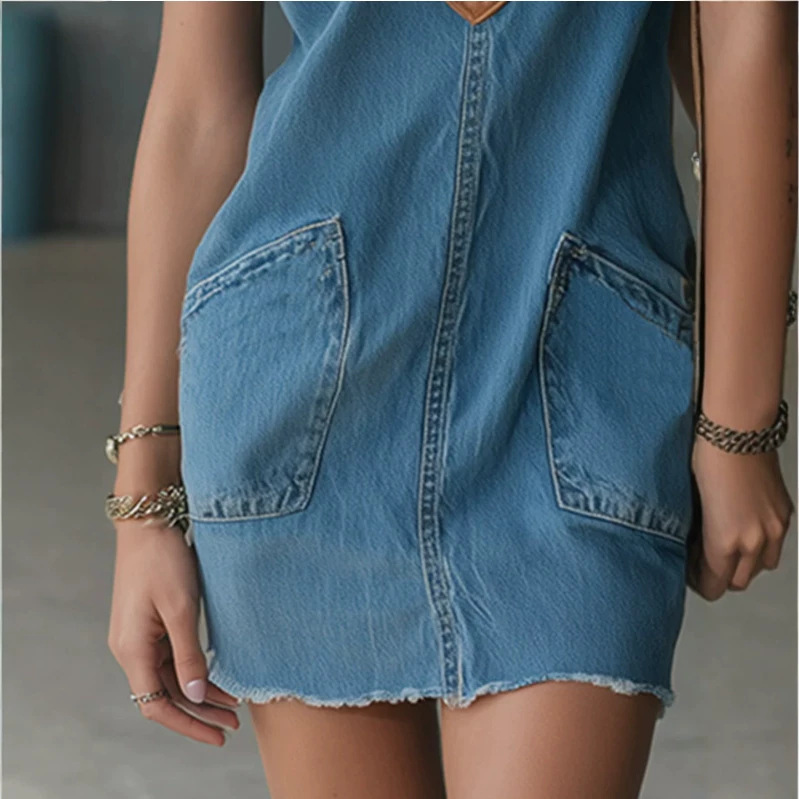 Blue Denim Mini Skirt with PU Collar, High Waist, Slim Fit