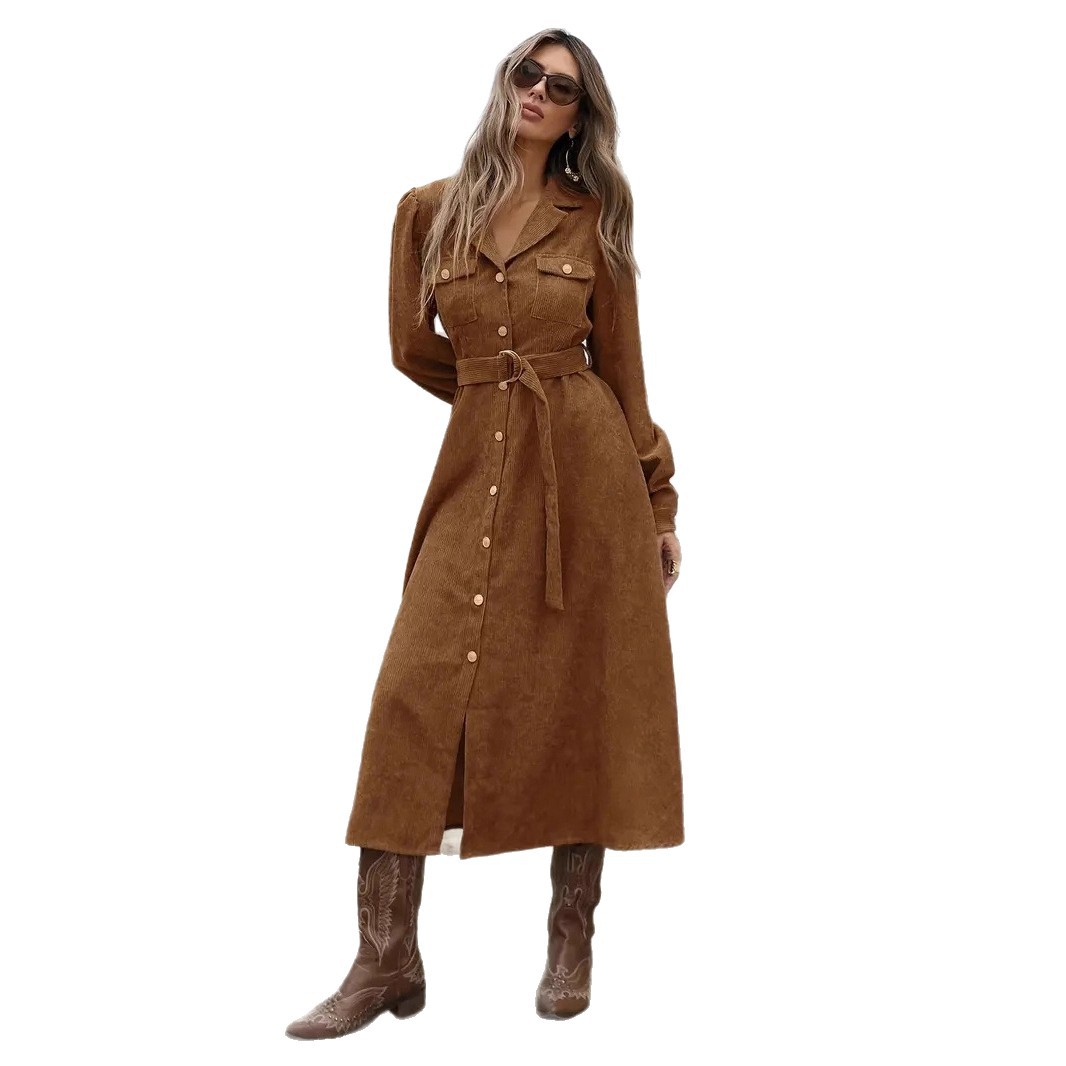 Corduroy Shirt Dress with Belt and Flap Pockets