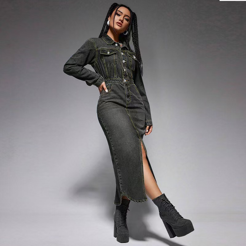 Retro Denim Long Sleeve Maxi Dress with Belt