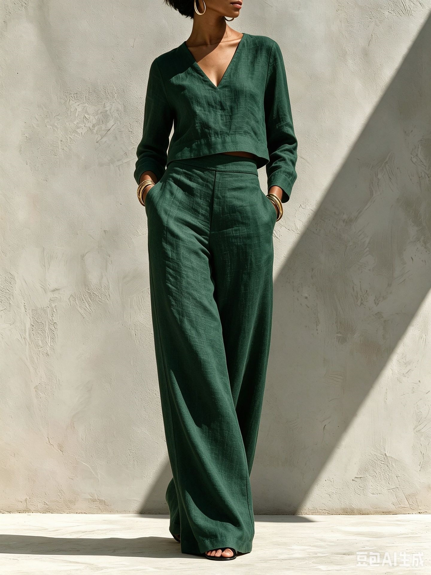 Women's Linen-Blend V-Neck Long-Sleeve Crop Top & High-Waist Wide-Leg Pants Set