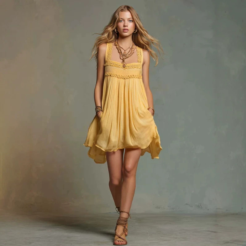 Bohemian Square Neck Sleeveless A-Line Mini Dress