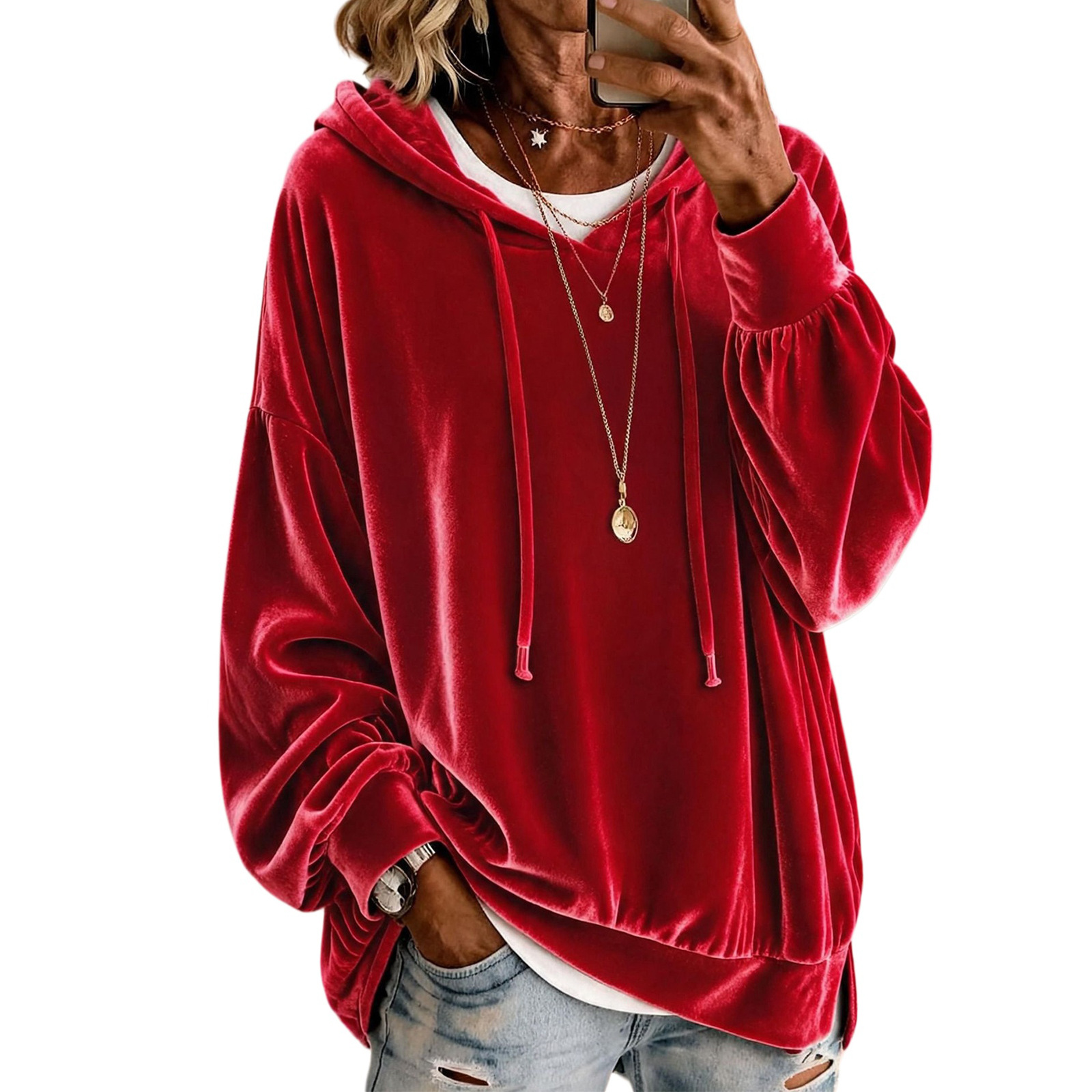 Women's Velvet Hooded Sweatshirt Loose Long Sleeve Pullover with Drawstring