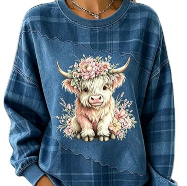 Women's Bull Head Floral Print Crewneck Sweatshirt Casual Pullover