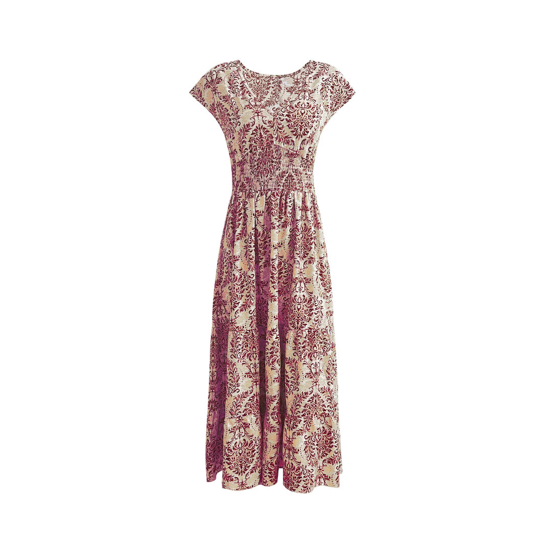 Vintage Floral Print V-Neck Short Sleeve Long Dress
