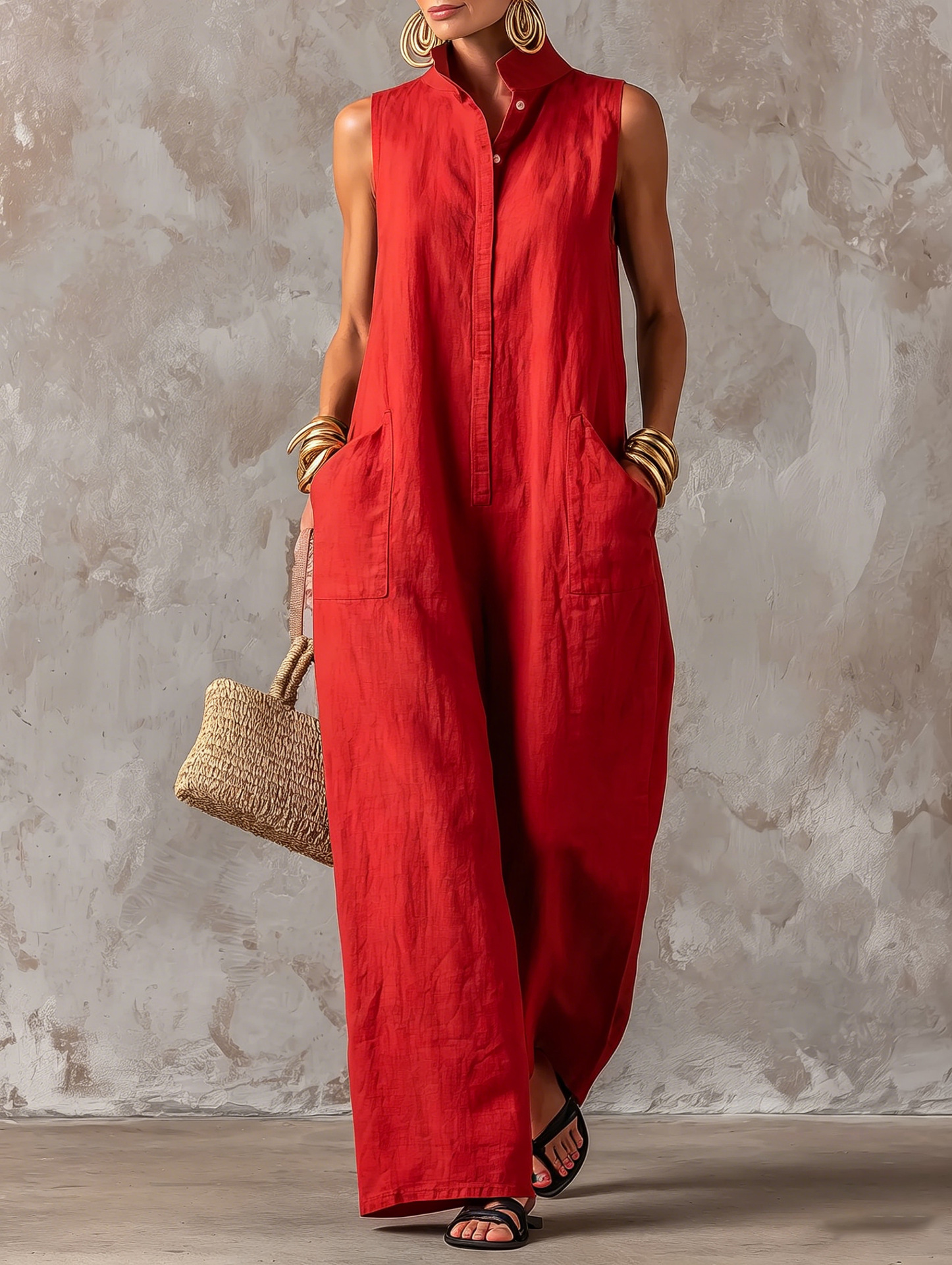 Women's Sleeveless Linen-Blend Jumpsuit with Stand Collar and Button Front Wide-Leg Pants