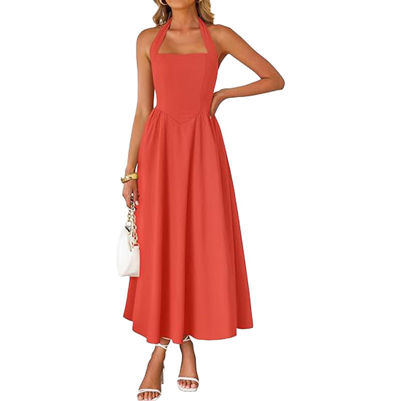 Women's Sleeveless Halter Backless A-Line Midi Dress