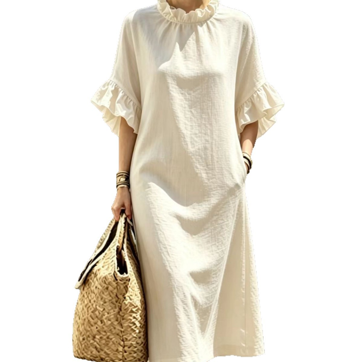 Women's Casual Midi Dress with Ruffle Trim and Geometric Print