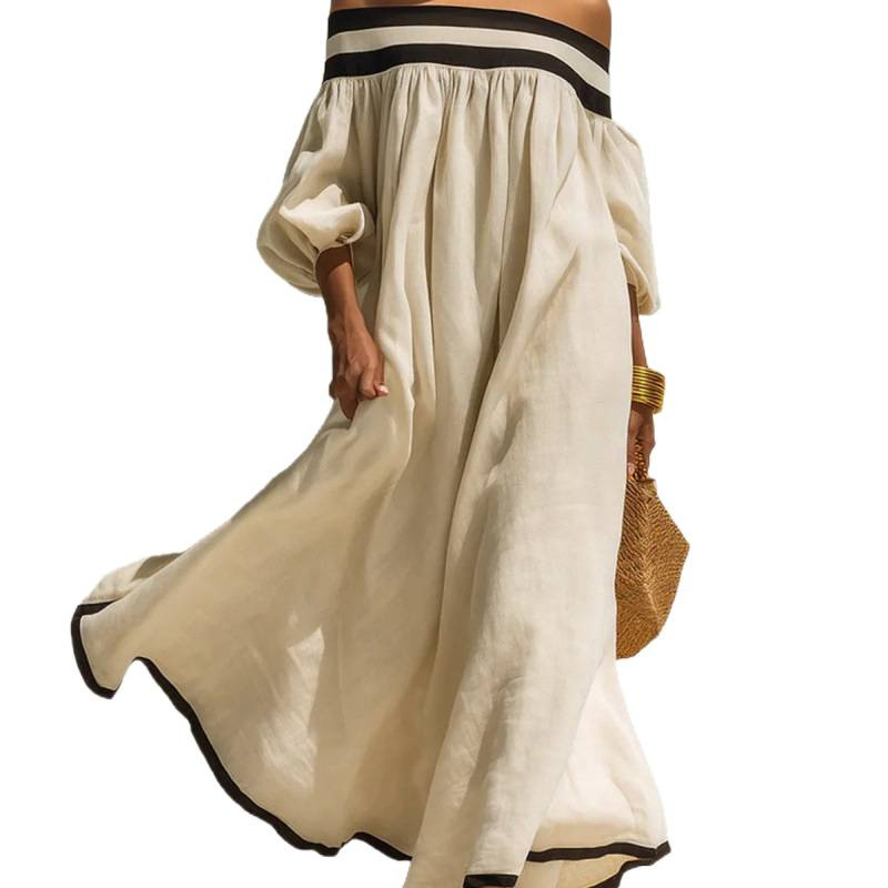 Off-Shoulder Striped A-Line Midi Dress with Puff Sleeves