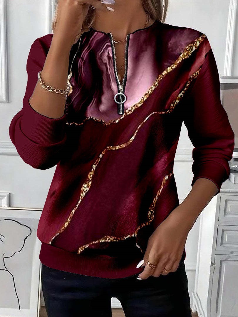 Women's Boho Print Long Sleeve Zip-Up Sweatshirt Casual Top