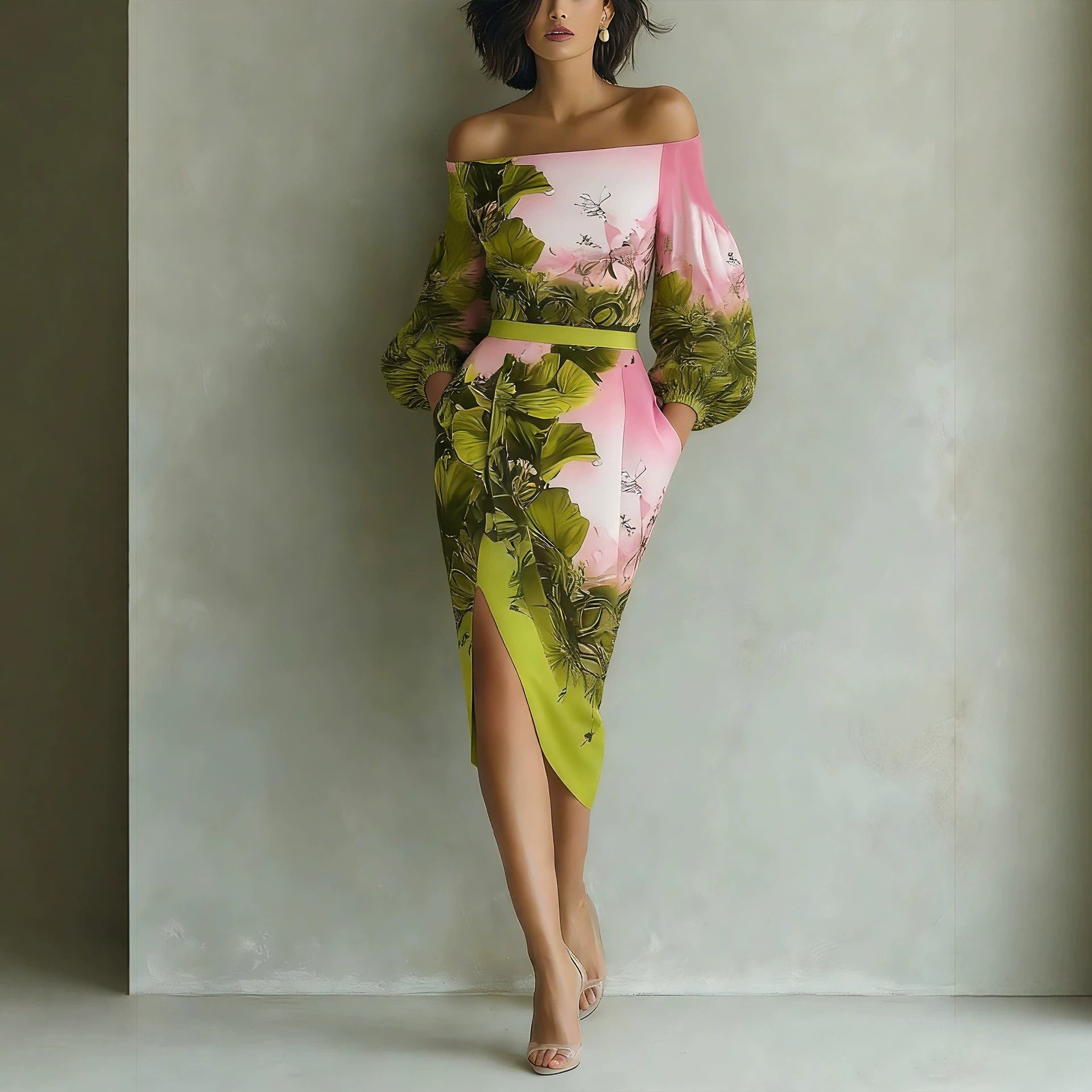 Off-Shoulder Floral Print Midi Dress with Puff Sleeves and Slit