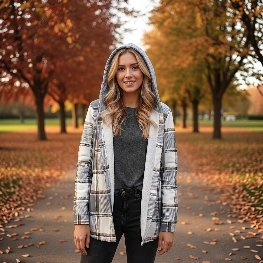 Fleece-Lined Plaid Hooded Jacket for Women