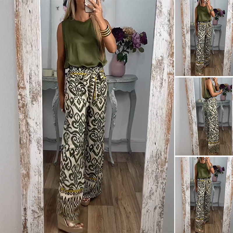 Printed Belted Wide-Leg Casual Pants