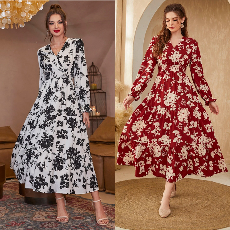 Women's Floral Tiered Maxi Dress Long Sleeve V-Neck