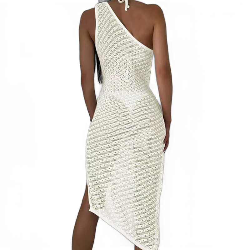 Women's Sheer Mesh Cutout Knit Long Dress Asymmetric Neck Sleeveless