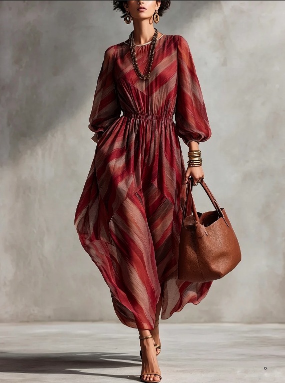 Twill Print Lantern Sleeve Maxi Dress Waist-Cinched Women's Vacation Dress