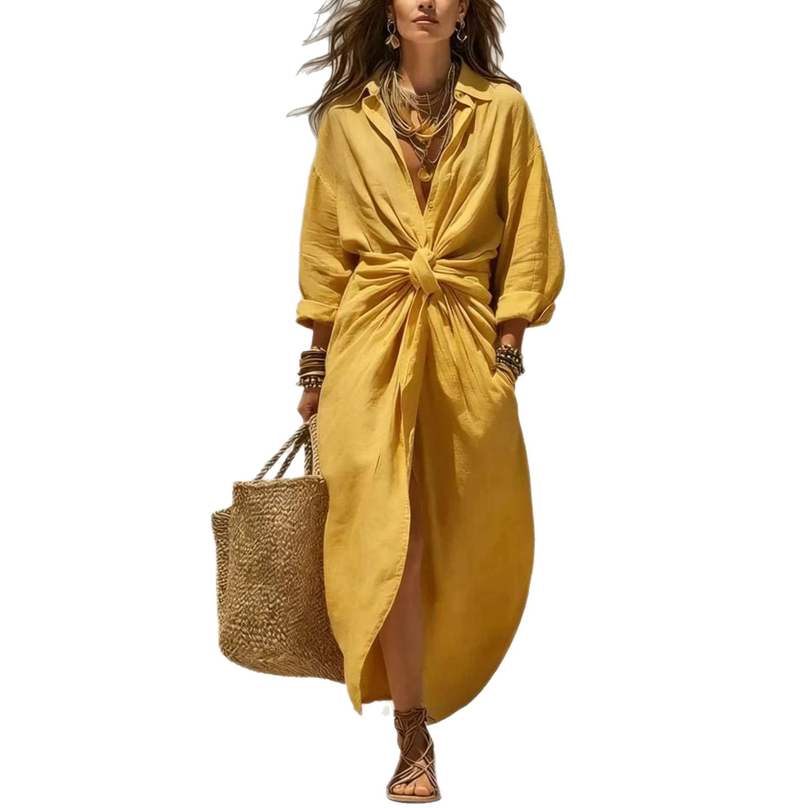 Women's Solid Color Button-Front Collared Long Sleeve Casual Dress with Pockets