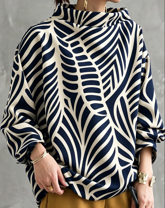 Women's Long Sleeve Loose Colorblock Print High Neck Sweatshirt