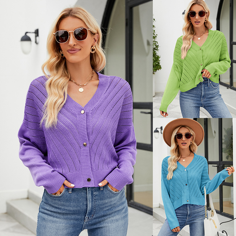 V-Neck Open-Knit Cardigan Loose Long-Sleeve Solid Color Women's