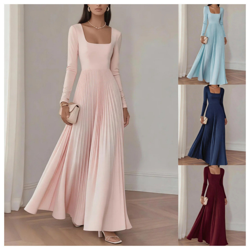 Square Neck Long Sleeve Pleated Maxi Dress Waist-Cinched Evening Gown