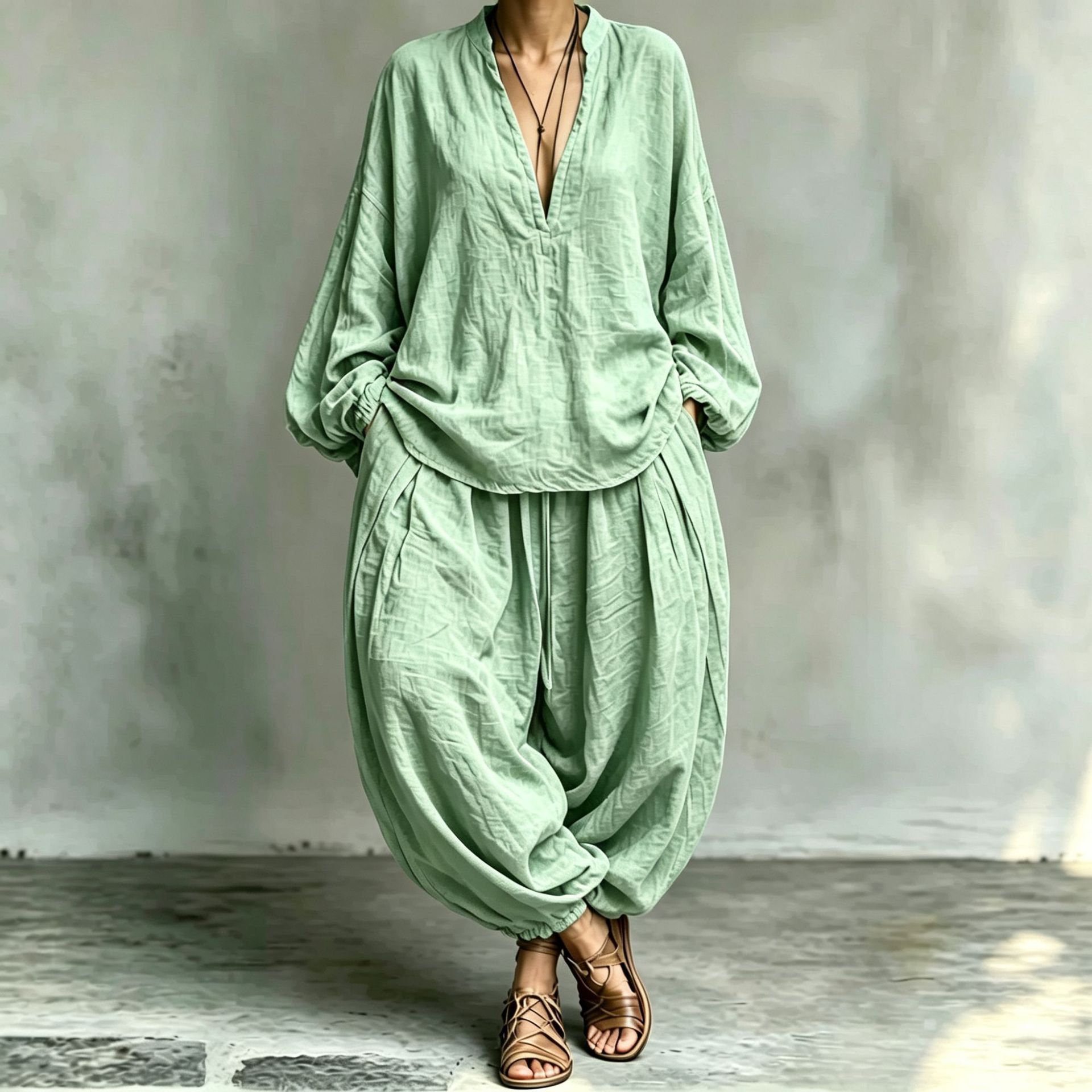 Retro V-Neck Lantern Sleeve Top and Pants Two-Piece Set