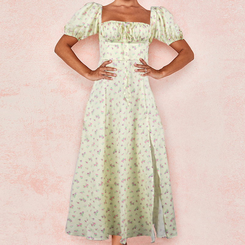 Women's Long French Floral Dress with Square Neck and Short Sleeves