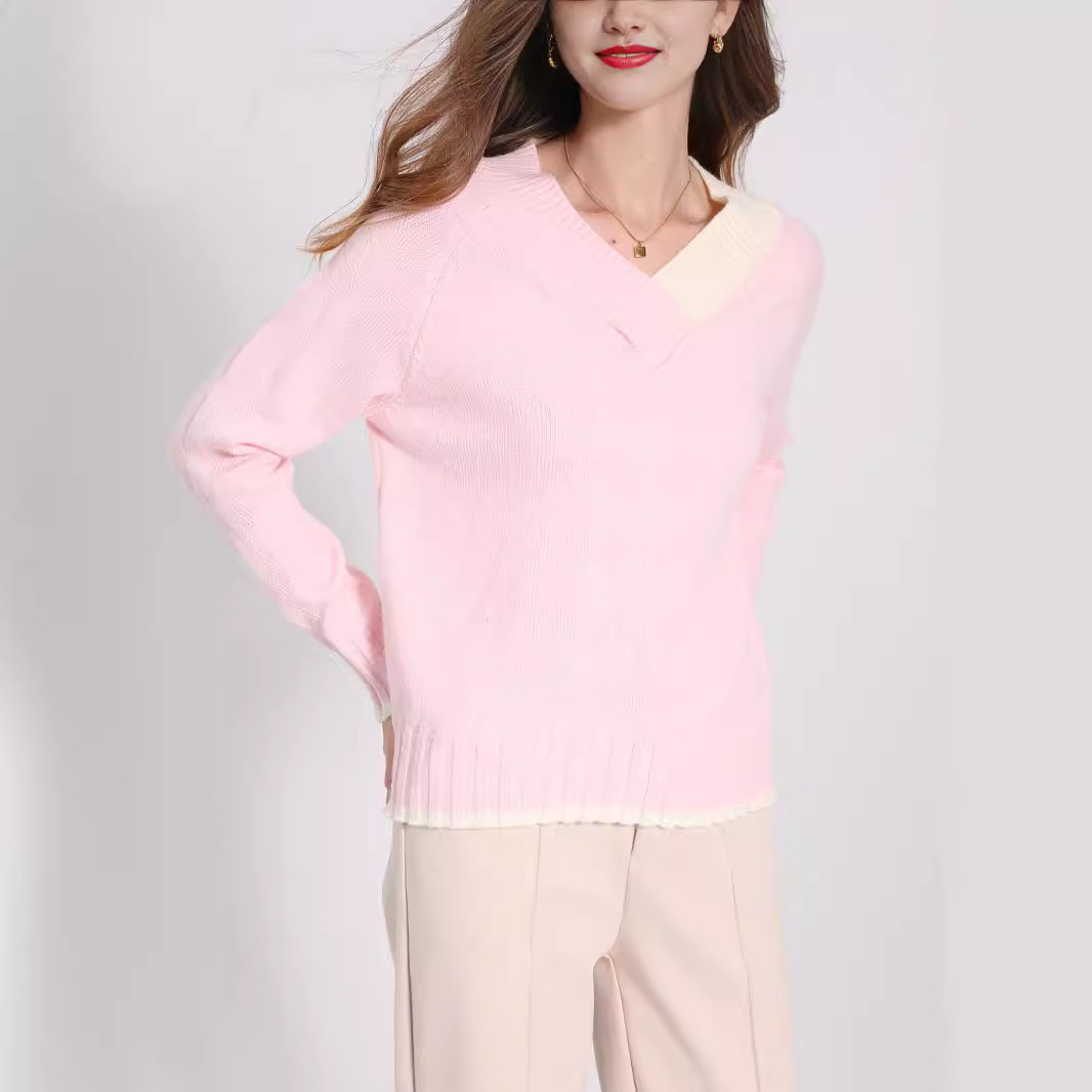 Pink V-Neck Knit Sweater Women's Loose Pullover Long Sleeve