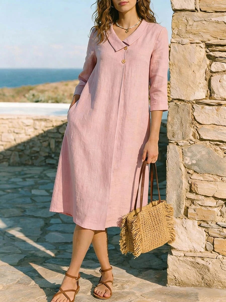 Women's Summer Solid Color French Collar Midi Dress
