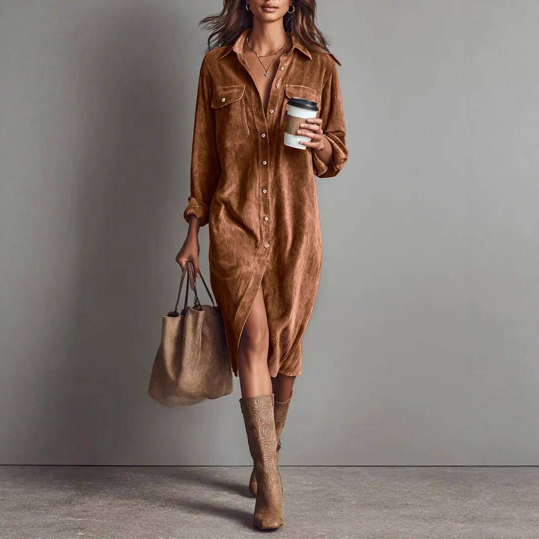 Corduroy Long Sleeve Collared Loose Midi Dress