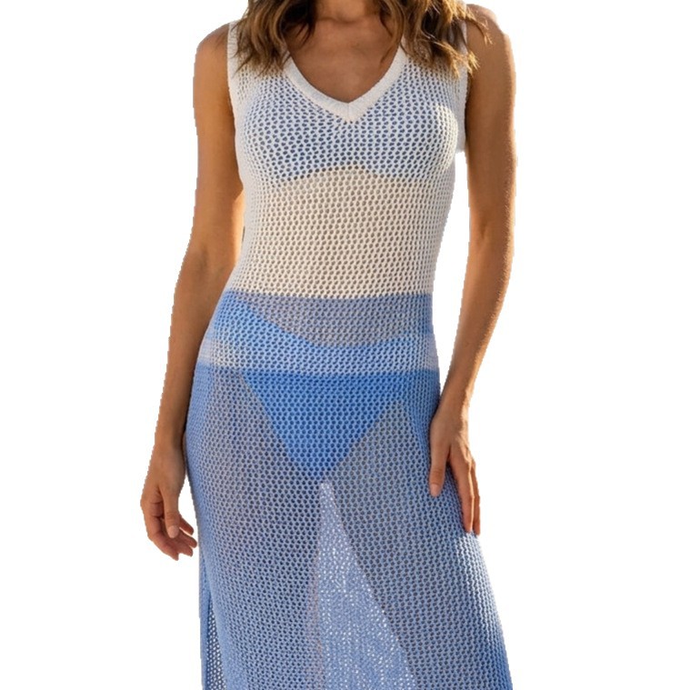 Color-Block Crochet Hollow-Out Knit Beach Dress with V-Neck