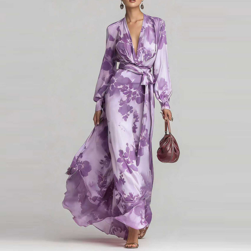 Elegant Floral Print Chiffon Long Sleeve V-Neck Tie-Waist Dress