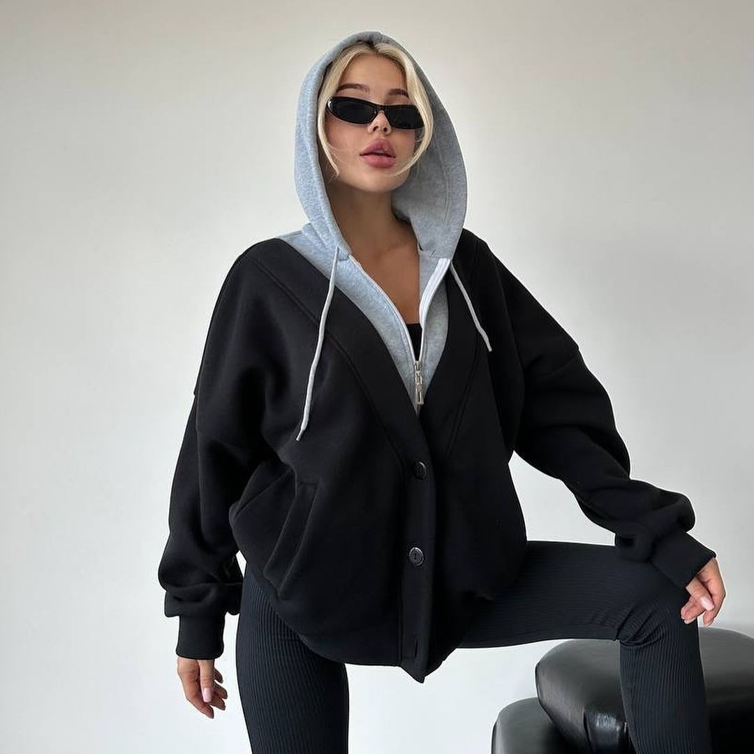 Women's Faux Two-Piece Hooded Zip-Up Sweatshirt Jacket