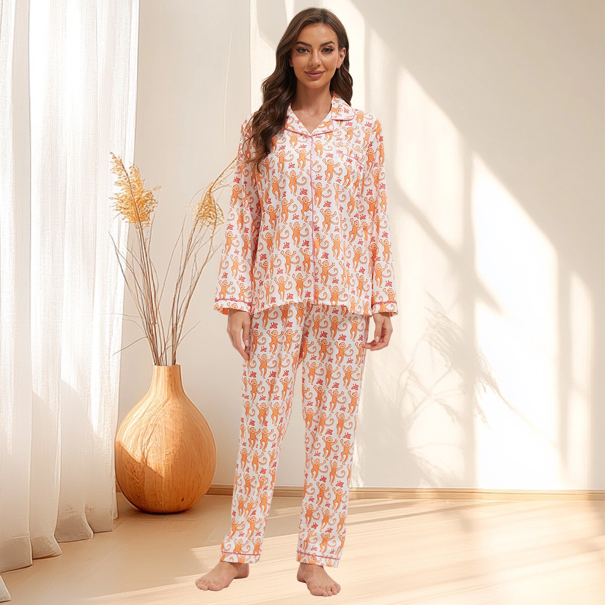 Cartoon Monkey Print Long Sleeve Pajama Set for Women